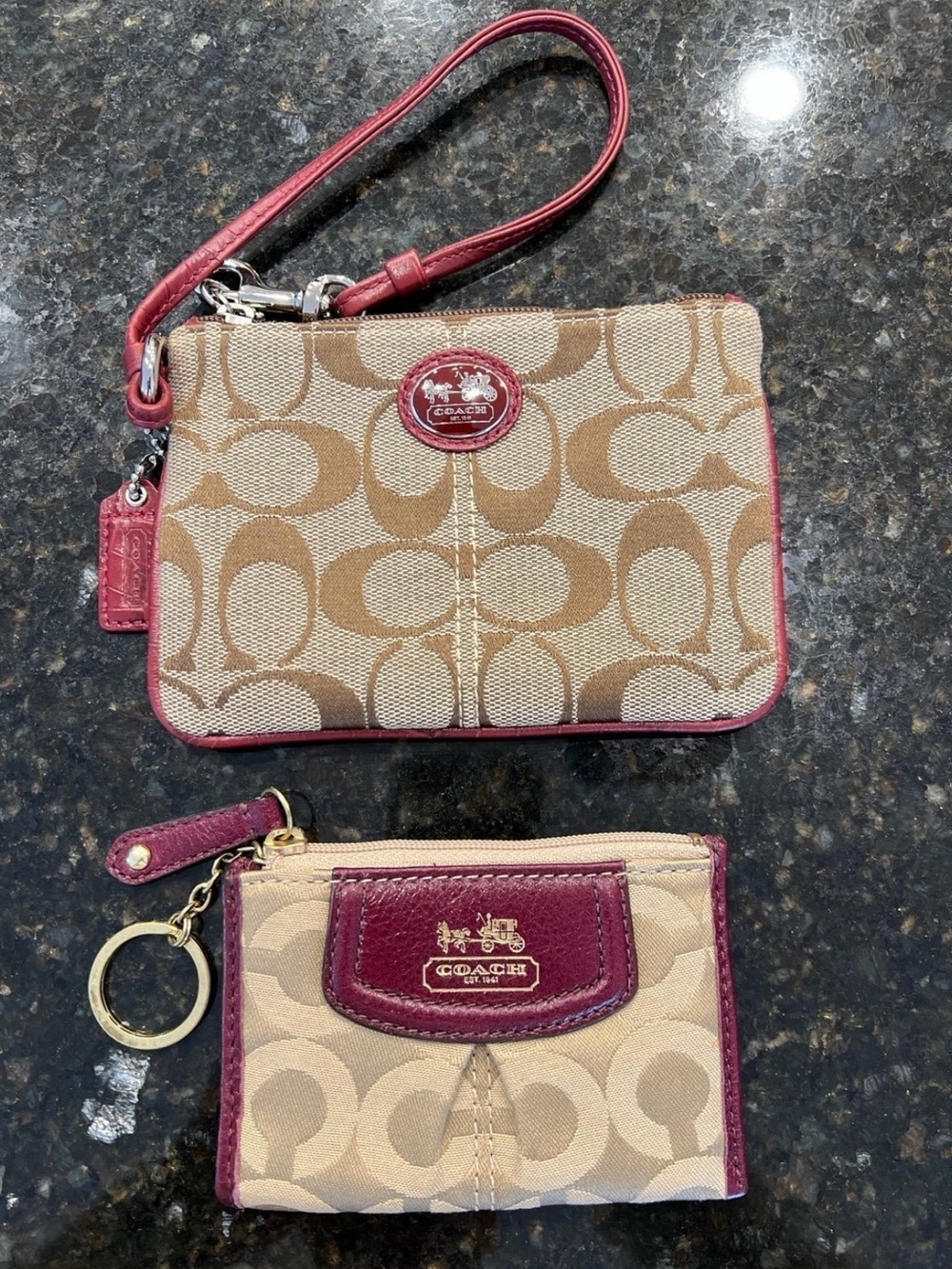 Coach Brown Signature Canvas Wristlet & Card Case Keychain Burgundy Set